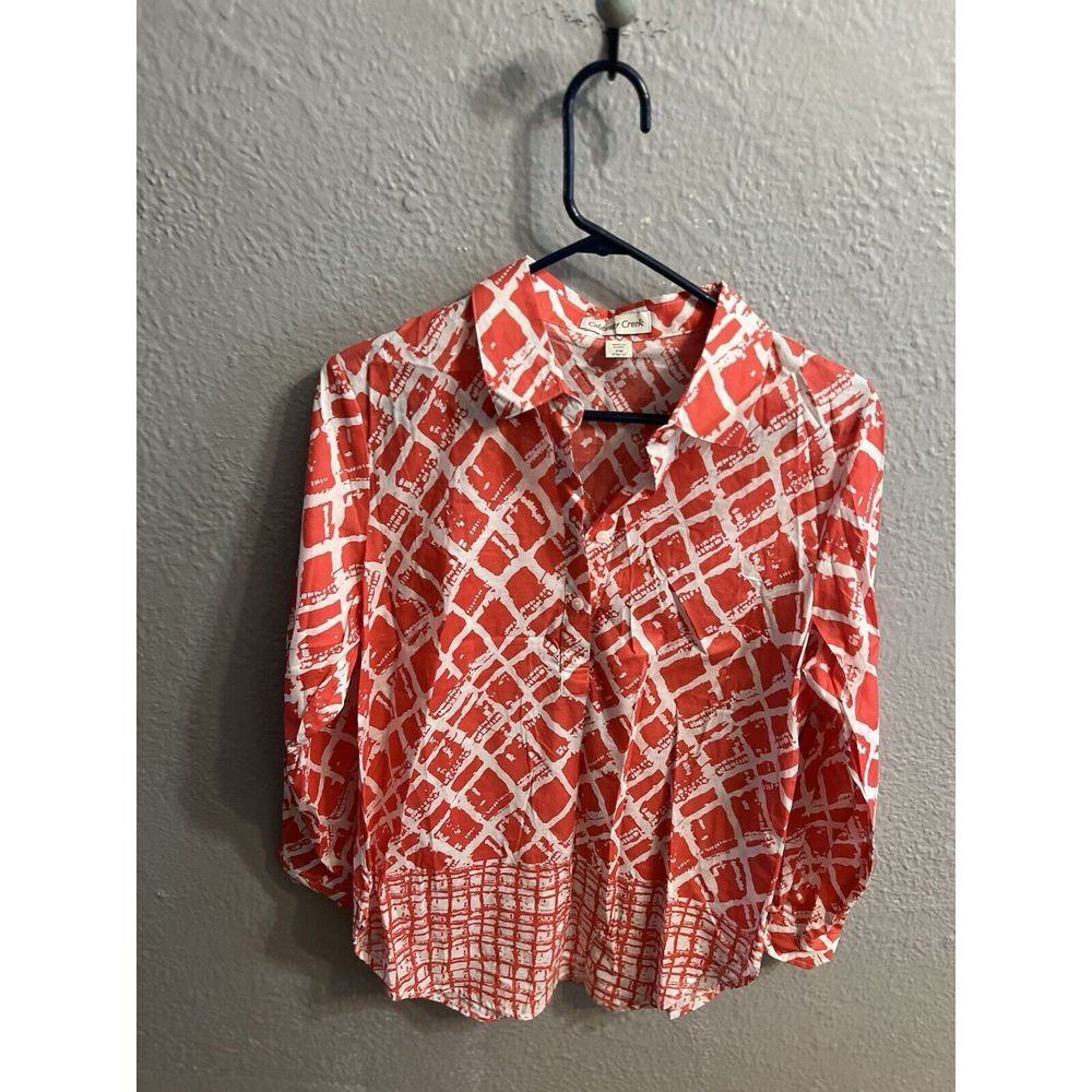 Coldwater Creek Top 1/2 Button Down‎ Shirt Coral & White Size PM